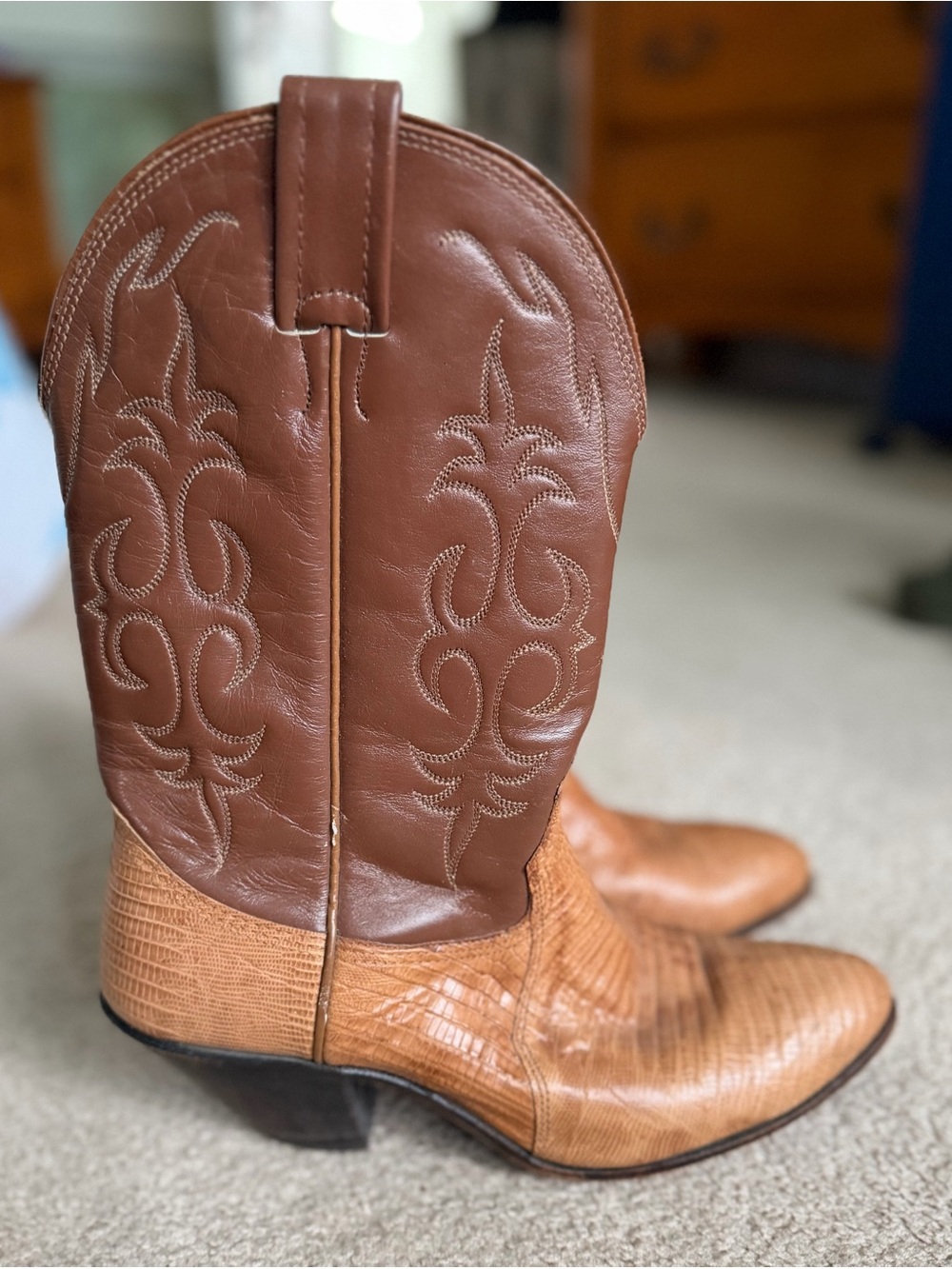 Vintage Nocona Two-Tone Brown ostrich leg Tan Western Cowboy Boots